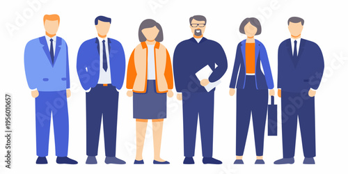 Diverse group of professionals standing together in a flat vector style