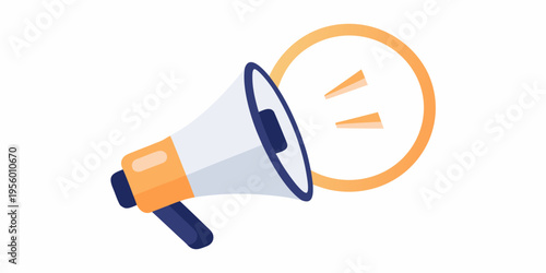 A colorful illustration depicts a megaphone with sound waves broadcasting