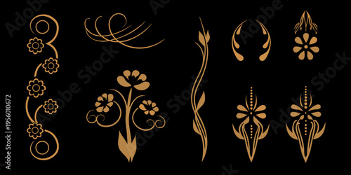 Elegant floral and ornamental design elements in golden hues