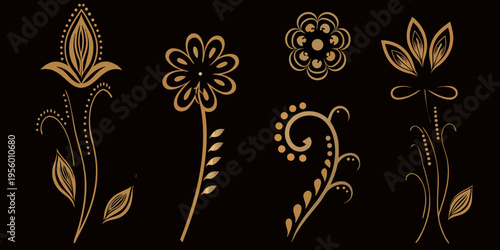 Elegant golden floral designs arranged against a dark black background