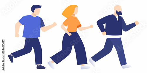 Three people are running forward in a stylized flat illustration