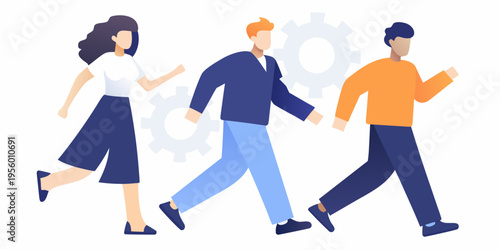 Three people walking forward with gears in the background