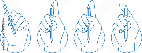 Hand holding pencil writing grip positions line illustration set education drawing technique guide isolated vector design minimal style