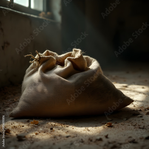 Burlap sack on floor with scattered leaves