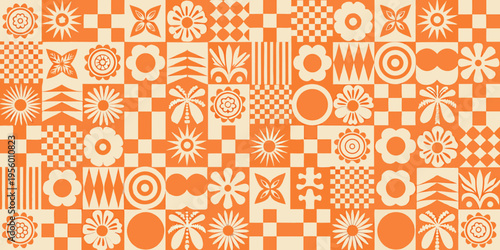 Geometric floral pattern with repeating squares in orange and cream tones