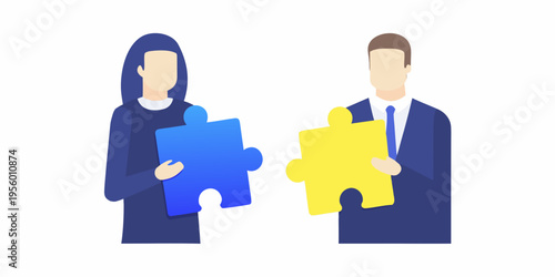 Business professionals connecting puzzle pieces symbolizing collaboration and teamwork