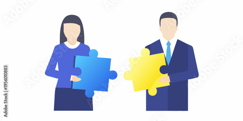 Business professionals connecting puzzle pieces symbolizing partnership and collaboration