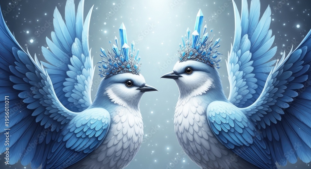 Obraz premium Two stylized blue birds with crystal headpieces facing each other in the light