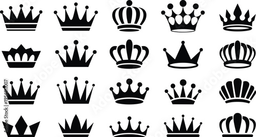 Crown icon set with royal king queen symbols black silhouette collection luxury heraldic design elements vector isolated illustration