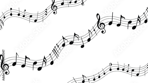 Musical notes staff wave illustration with treble clef melody flow abstract music notation design black white vector background
