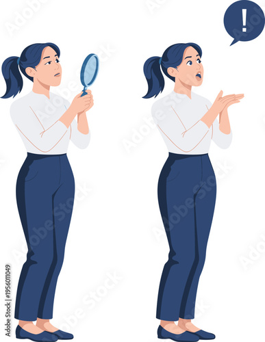 Woman character checking face with mirror and surprised expression illustration flat vector design female emotion concept isolated
