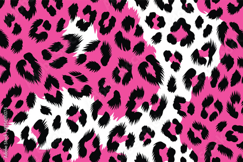 Vibrant pink and black leopard spots create a dynamic wildlife skin pattern, offering a bold fur camouflage background for stylish designs and textile art