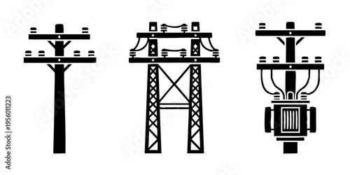 Electricity transmission towers stand tall in an industrial landscape with power lines and equipment.