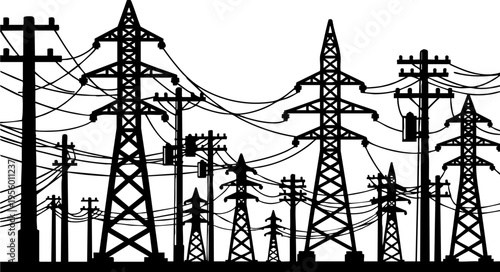 Electric power transmission towers stand tall with wires in an industrial landscape