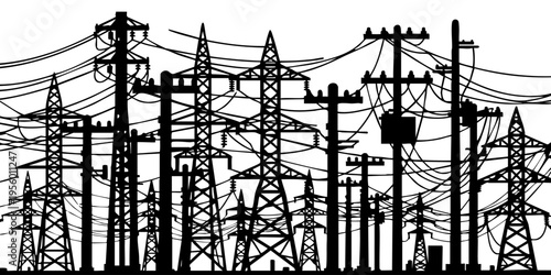 Electric power transmission towers stand tall in an industrial landscape with multiple lines.