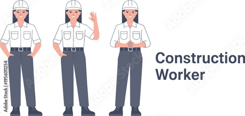 Female construction worker character set wearing safety uniform and helmet standing posing flat vector illustration professional labor occupation design