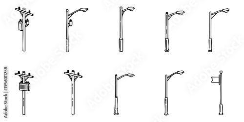 Street lamps are shown in various designs and styles on a white background