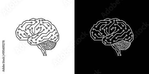 Illustration of a human brain with detailed internal structures on white and black backgrounds