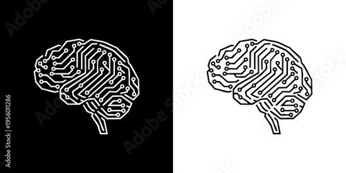 Illustrations of brains with maze-like patterns on black and white backgrounds