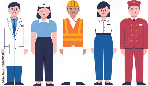 Professional people characters set including doctor nurse construction worker office staff and bellboy flat vector illustration occupation design