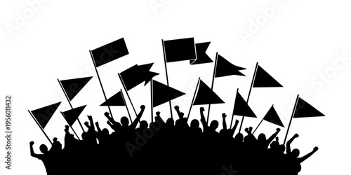 A crowd of people enthusiastically waving flags and banners in a lively demonstration.