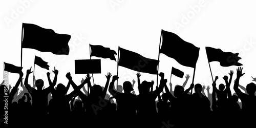 A group of people protesting with flags and signs in a crowded public area.