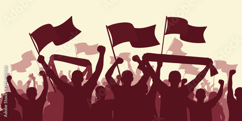 A crowd of people enthusiastically wave flags during a lively outdoor event at sunset.
