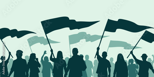 People protesting with flags in a crowd on a sunny day outside