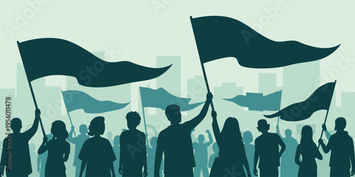 People hold flags in protest event downtown