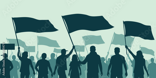 People protesting with flags in a demonstration for social issues in city