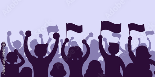 A crowd of people protesting with flags and fists in the air outdoors