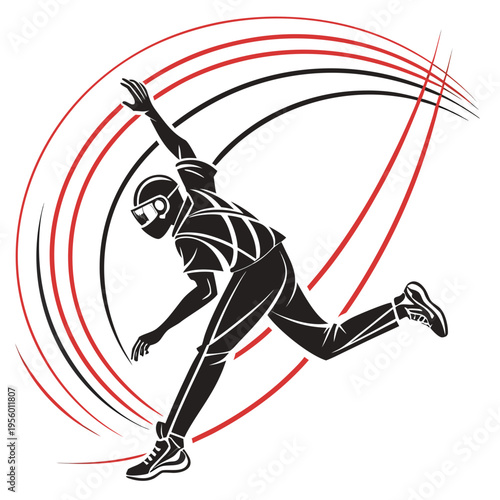 Cricket fast bowler action silhouette with streaks with sports equipment