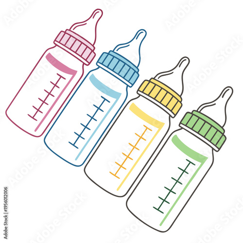 Four colorful baby feeding bottles with ideal for concepts related to infant