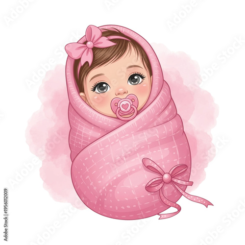 Illustration of a Cute Baby Girl with a Pink Swaddle