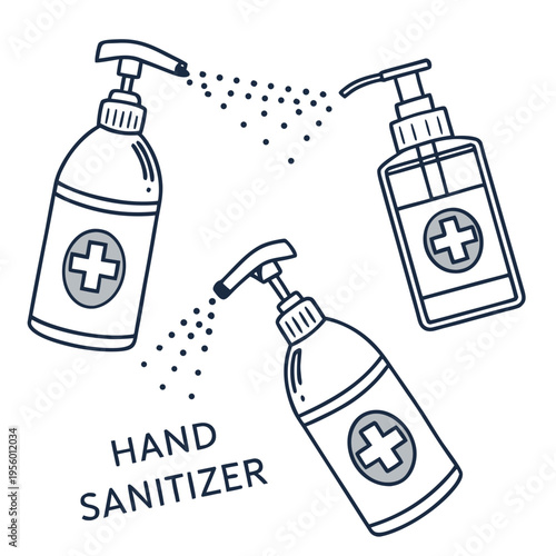 Hand sanitizer bottles dispensing spray with illustration of three hand sanitize