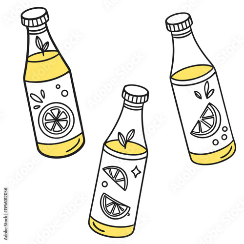 Three bottles of yellow citrus drink with ideal for refreshment, drinks, and
