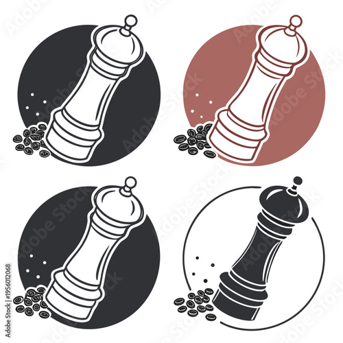 Pepper mill and peppercorns icon, spice grinder set