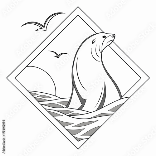 Seal in ocean waves, seagulls and sun silhouette icon