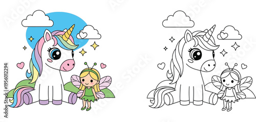Cute Unicorn and Fairy Friends Vector Illustration Set, Adorable Fantasy Characters with Rainbow Mane and Wings, Color and Black and White Line Art for Kids Coloring Pages