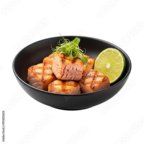 Grilled salmon sushi in a black bowl with lime