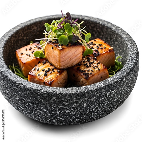 Grilled salmon fillets with sesame seeds and greens