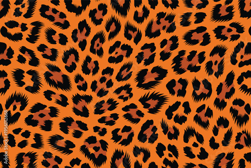 Captivating animal skin pattern with vibrant orange and black spots. This seamless wildlife fur camouflage background creates a dynamic and exotic texture