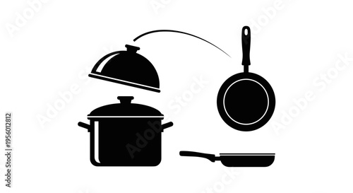 Collection of black silhouette cooking pots and frying pans including a lidded pot and two skillets isolated on a white