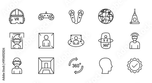 Collection of minimalist line art icons representing virtual reality technology including headsets controllers and 360