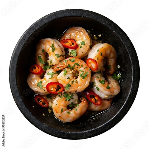 Spicy shrimp dish with chili peppers and herbs