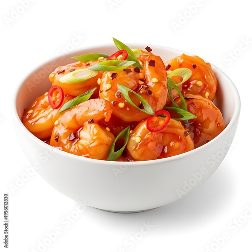 Spicy shrimp in a white bowl with green onions