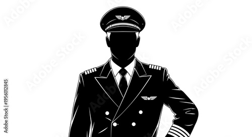 Professional pilot silhouette in uniform with wings emblem and stripes on sleeves representing aviation career