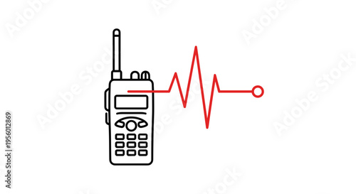 Handheld radio transceiver transmitting a vital life pulse signal graph representing communication emergency