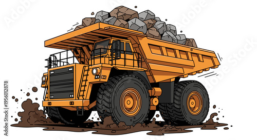 Massive yellow mining dump truck loaded with rocks and dirt driving through mud and splashing water heavy industry
