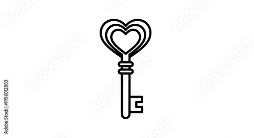 Elegant heart shaped key symbol representing love romance access and unlocking secrets with a classic vintage design